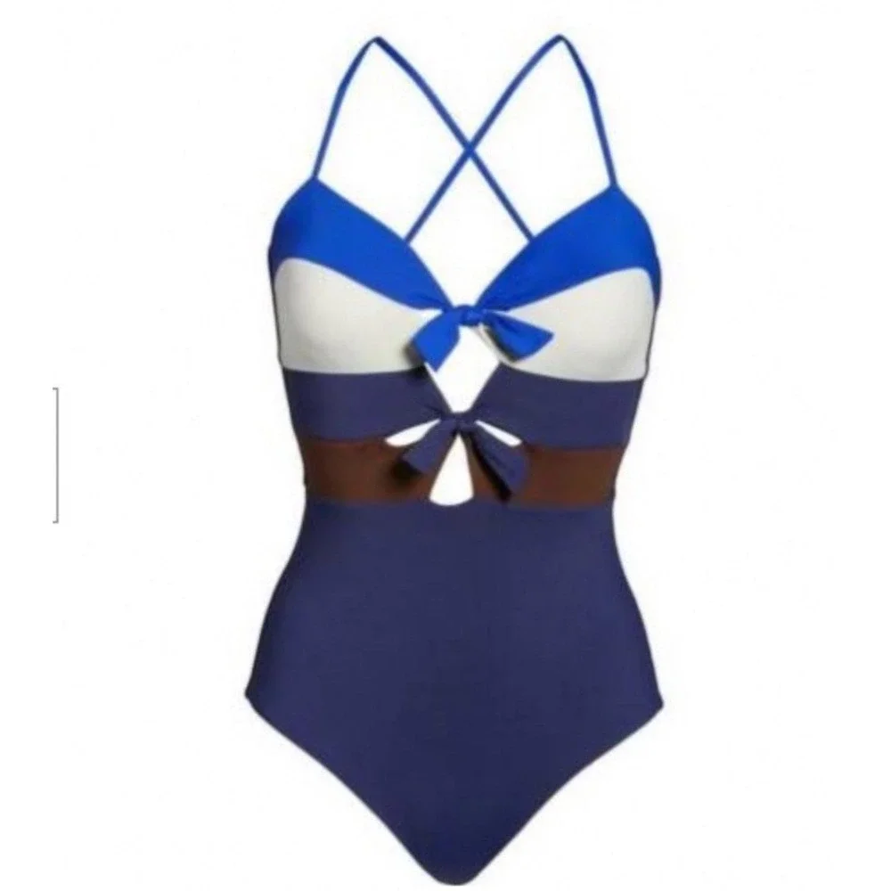 BECCA Circuit Colorblock One Piece Swimsuit‎ Navy Blue White Brown Strappy Bows